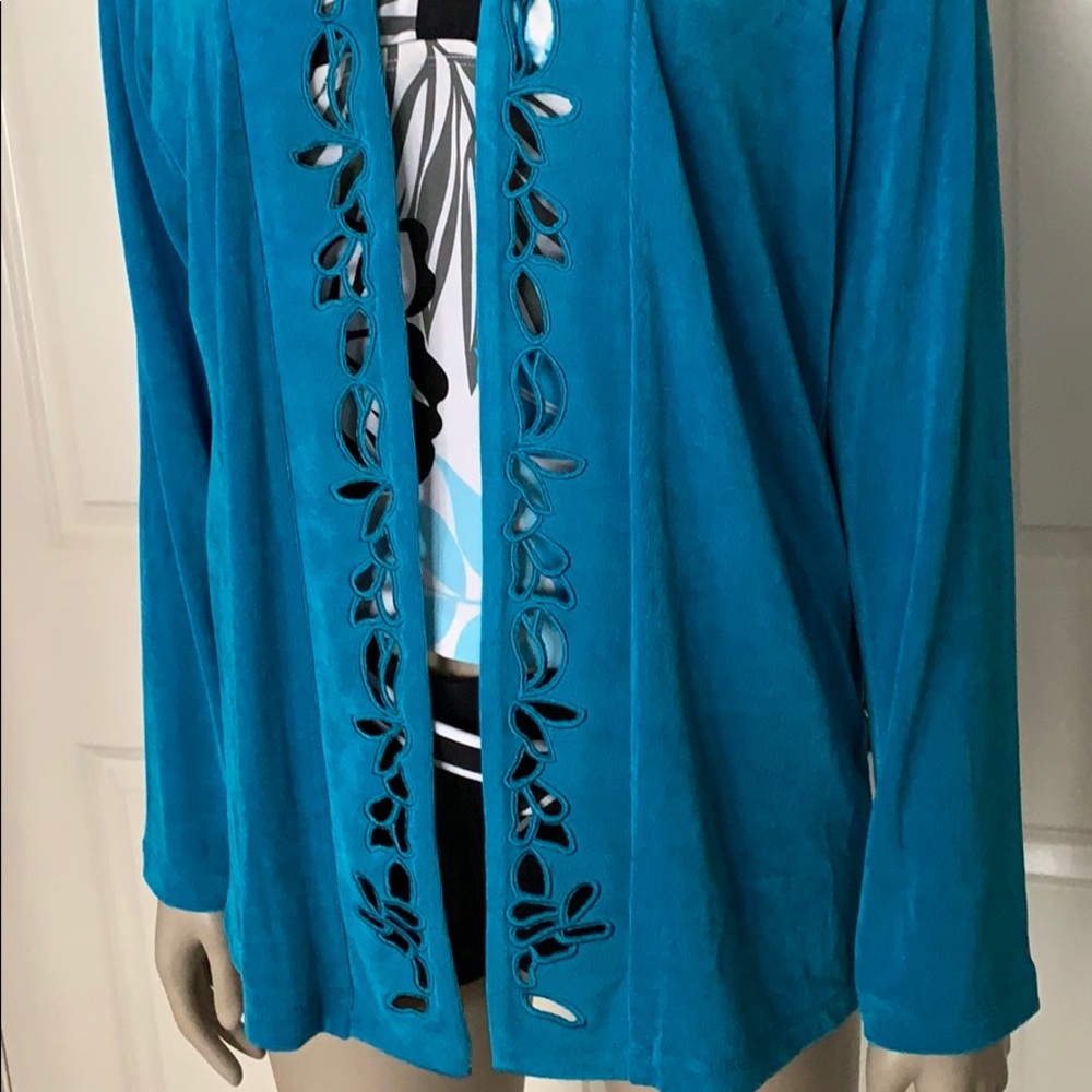 Citiknits Laser Cut Turquoise Open Front Cardigan